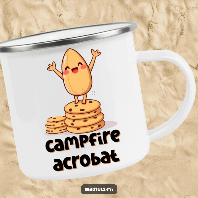 Funny camping mug featuring an amused almond doing a handstand on cookies, perfect for outdoor enjoyment.