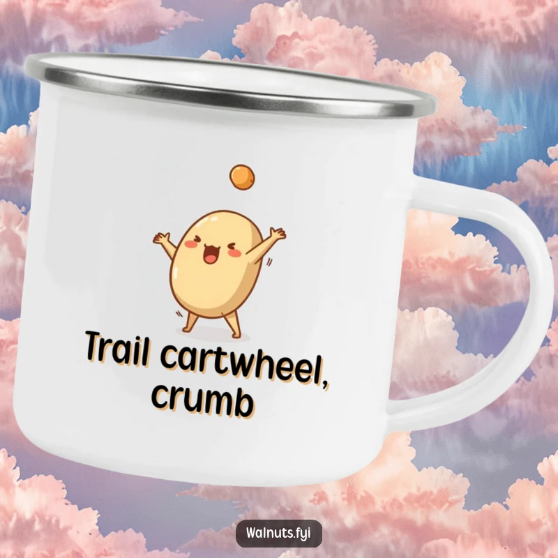 Funny camping mug featuring a silly Brazil nut doing a cartwheel, a crumb flying off, perfect for outdoors.