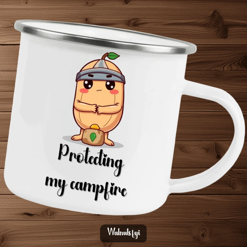 A determined round Brazil nut with crossed arms stands guard over a small treasure on this camping mug.