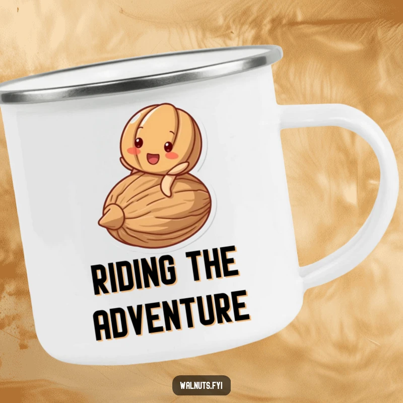 Funny camping mug depicting a delighted walnut character beaming while riding on a larger, stylized nut.