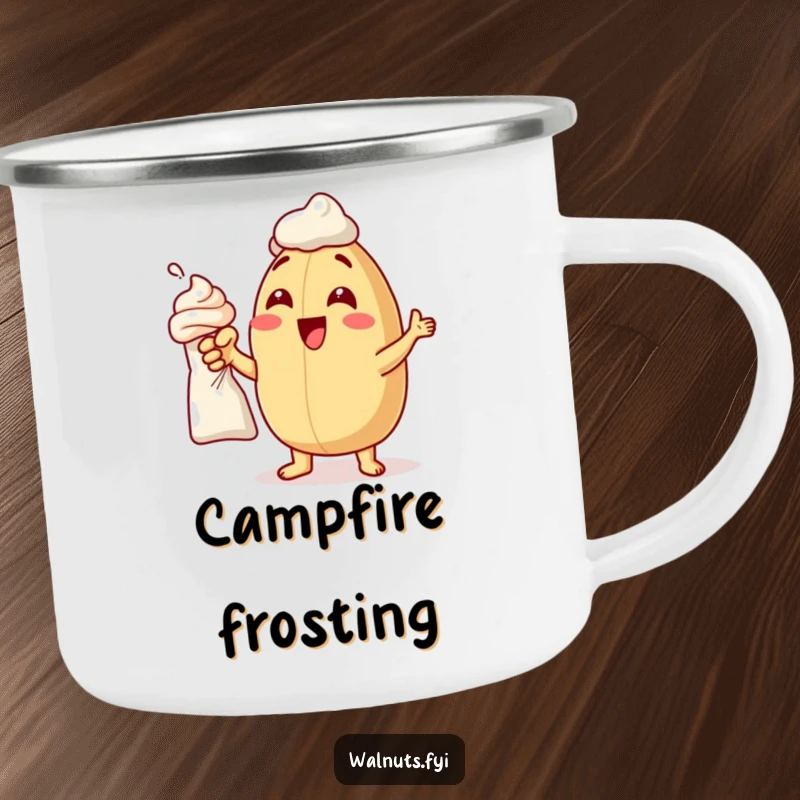 Funny camping mug featuring a delighted macadamia nut pointing at frosting, perfect for outdoor kitchens.