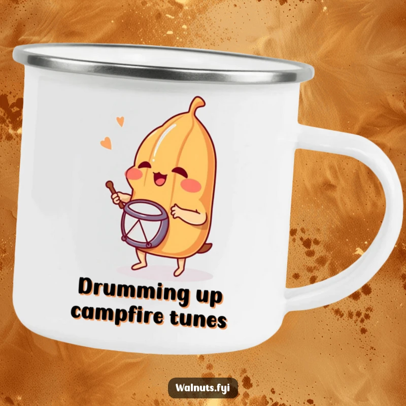 Funny camping mug featuring a happy pecan drumming, perfect for enjoying beverages during outdoor adventures with a side of humor.