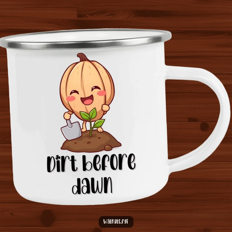 Funny Grinning Walnut Camping Mug, featuring a happy walnut planting, ideal for outdoor drinks and cheerful moments.