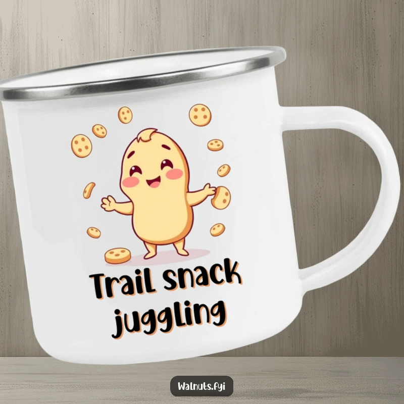 Funny camping mug featuring a cheerful cashew juggling cookie pieces, perfect for outdoor enjoyment.