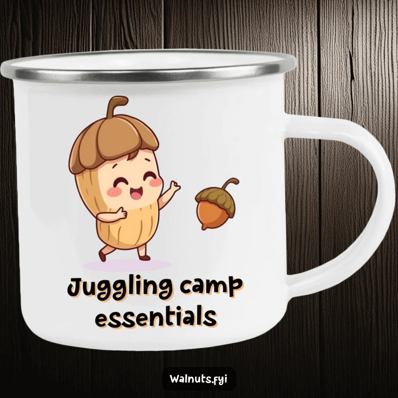 Funny camping mug with a playful walnut character juggling a small acorn, durable and humorous for outdoor use.
