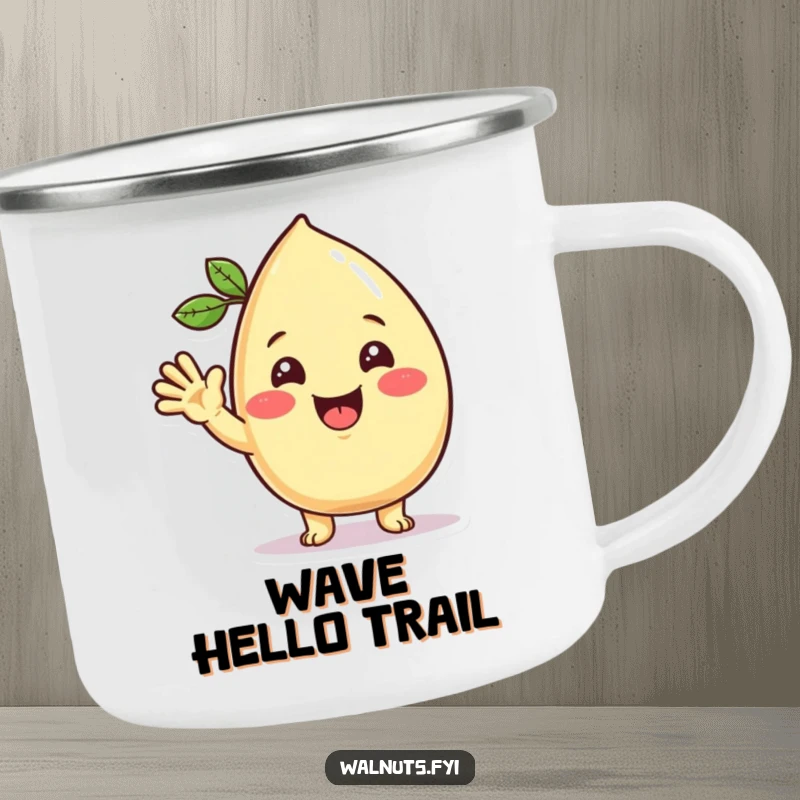 Funny Kawaii cashew camping mug featuring a beaming character offering a friendly wave, ready for outdoor adventures and cozy drinks.