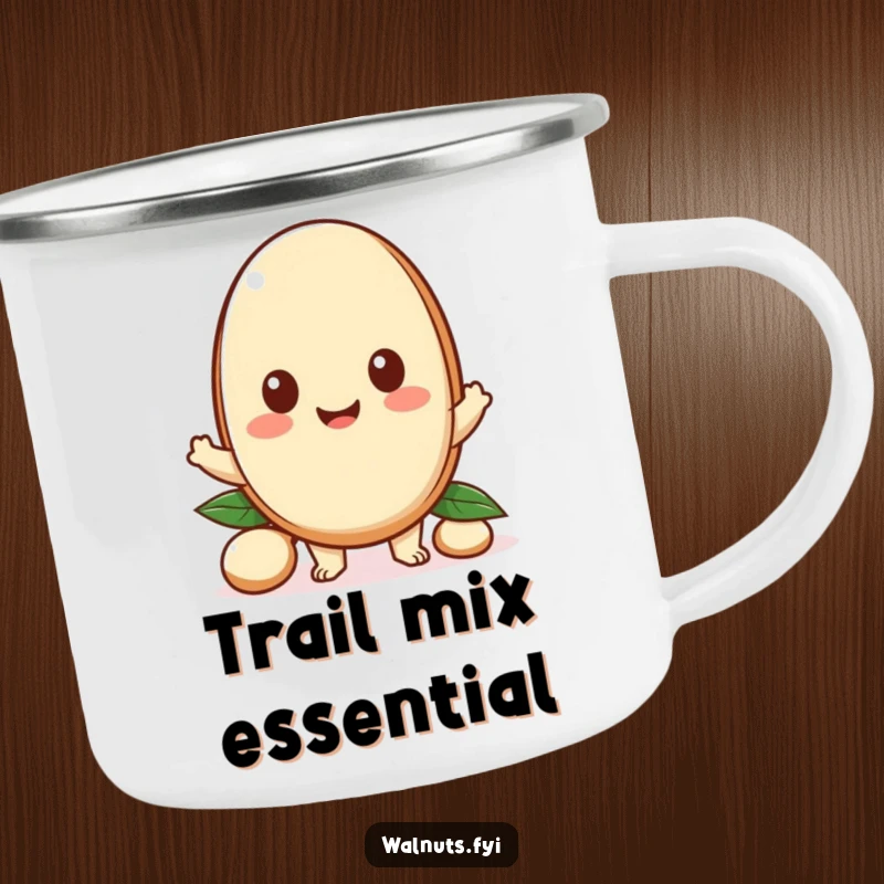 Funny camping mug with a happy Kawaii macadamia nut character offering a piece, perfect for enjoying drinks and sharing treats outdoors.