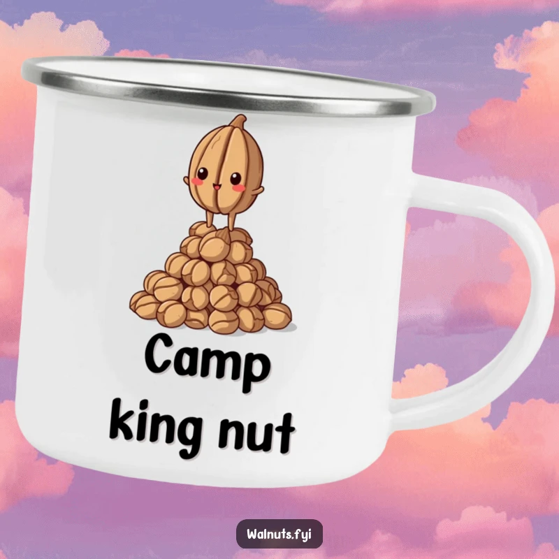 Funny Walnut Camping Mug: Proud walnut standing tall on a pile, great for outdoor triumphs, funny gift.