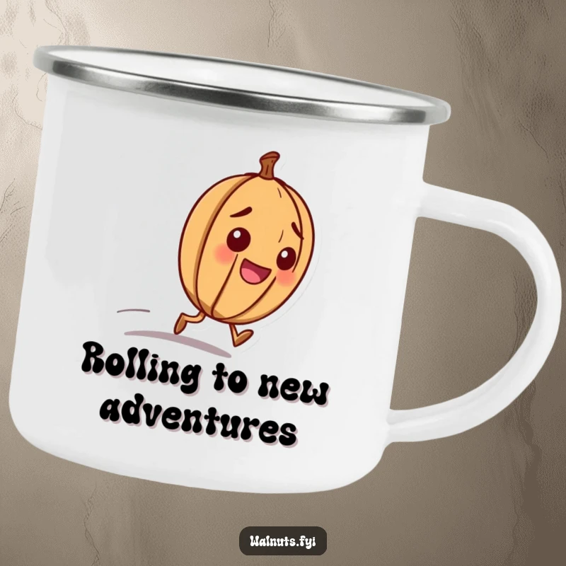 Funny camping mug with a happy walnut character with a determined look, rolling downhill with purposeful energy.
