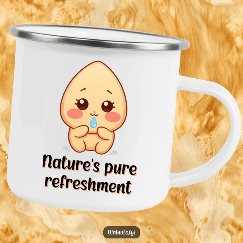 Funny light brown almond character with rosy cheeks, shyly offering a dewdrop inside a camping mug, ready for gentle adventures.