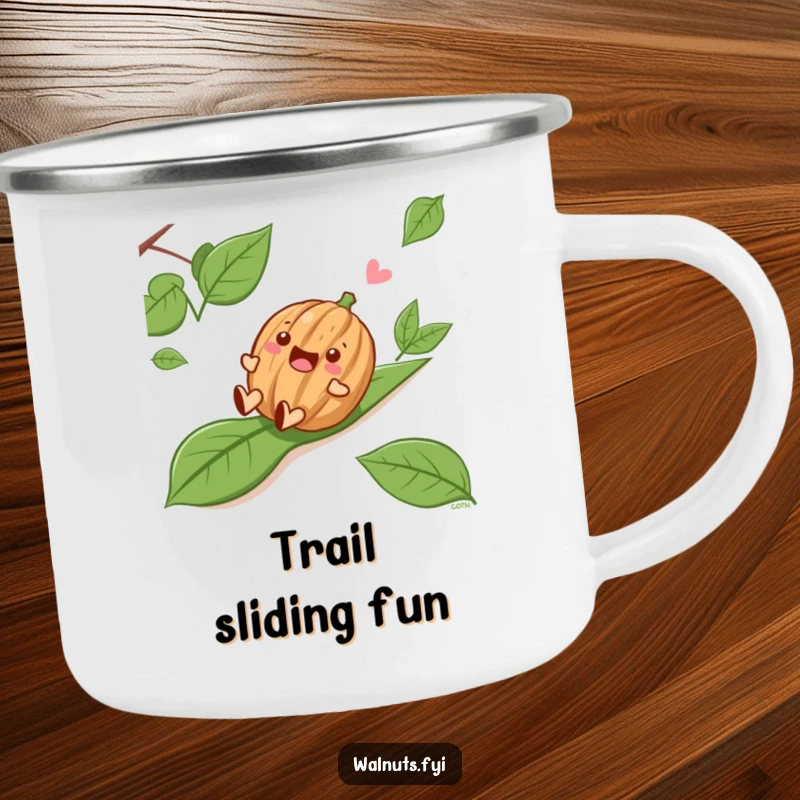 Funny Sliding Walnut Camping Mug, a happy walnut sliding down a slope, perfect for outdoor drinks and cheerful moments.