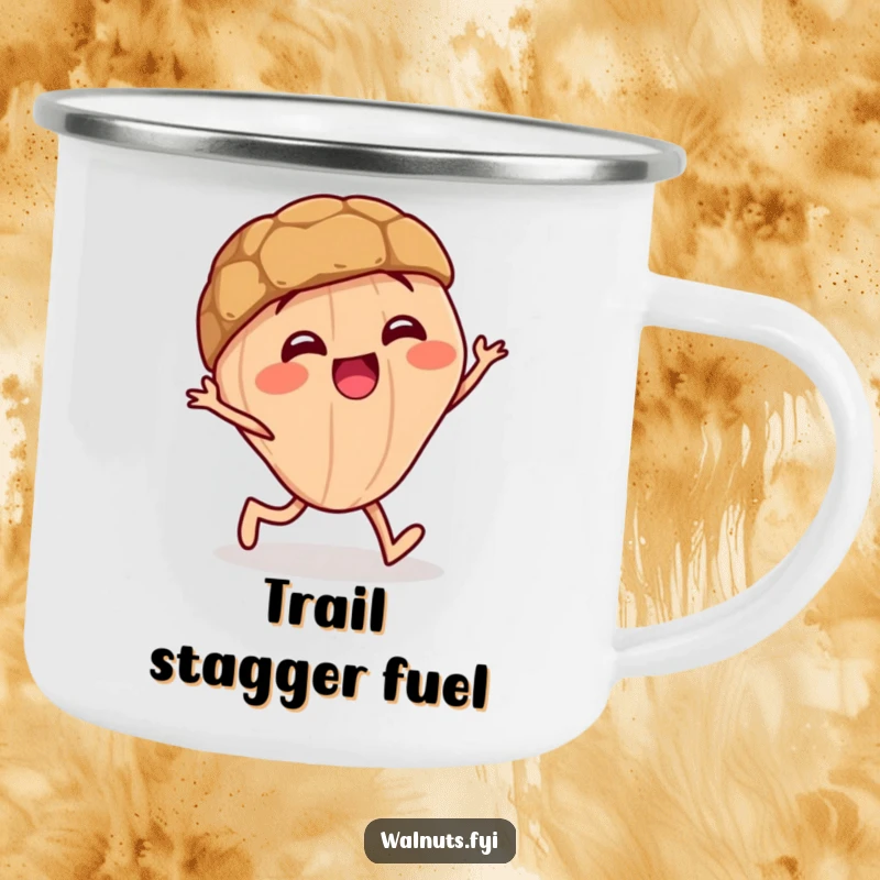 Funny enamel camping mug with a giggling walnut character doing a funny little stagger, ready for the outdoors.