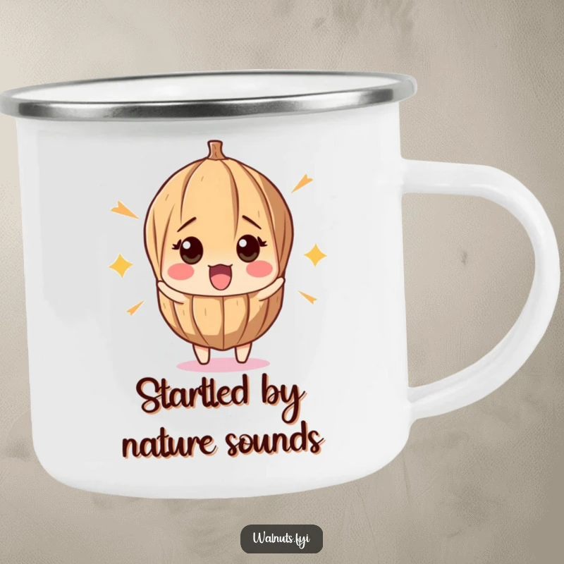 Funny camping mug with a surprised walnut recoiling from a pop, built for adventure and designed to bring laughter outdoors.