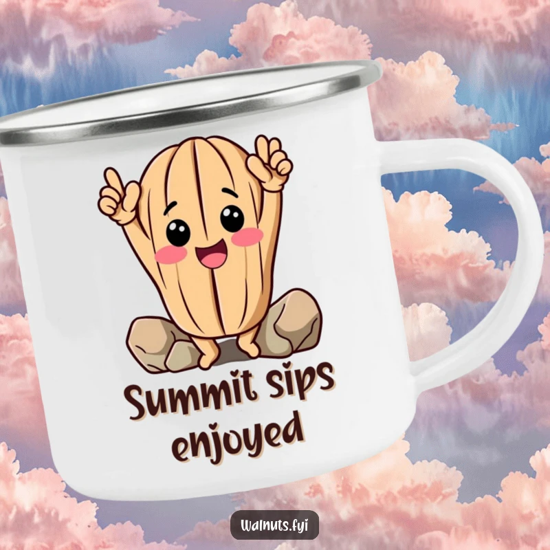Funny Walnut Camping Mug: Cheerful anthropomorphic walnut celebrates climbing, durable enamel mug.