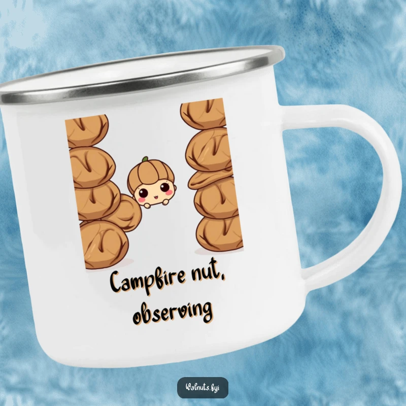 Funny walnut camping mug, a curious walnut peeking from behind a stack of walnuts. Durable and humorous enamel mug.
