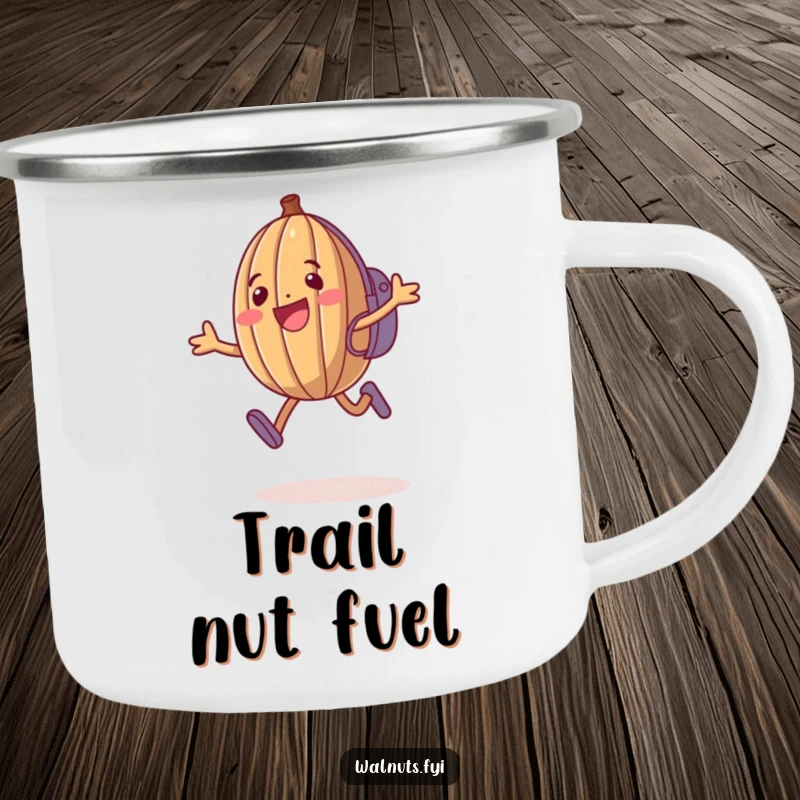 Funny Walnut Camping Mug: Happy anthropomorphic walnut jumps with backpack, durable enamel mug.