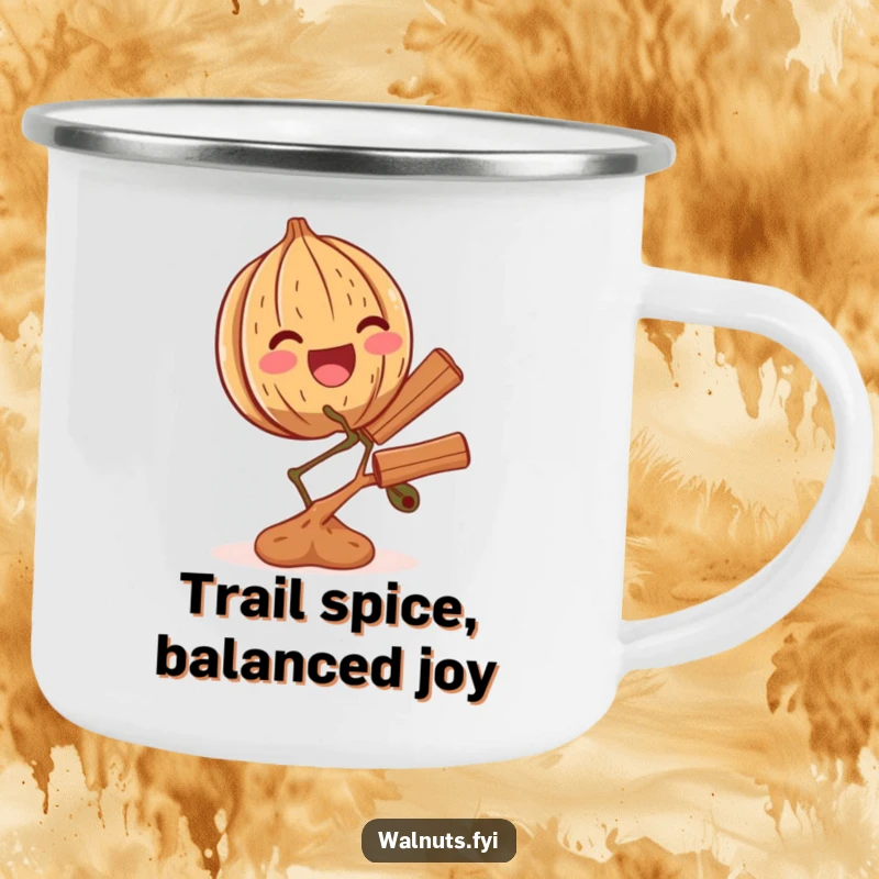 Funny camping mug featuring a thrilled walnut balancing a tiny cinnamon branch, ideal for outdoor enthusiasts.