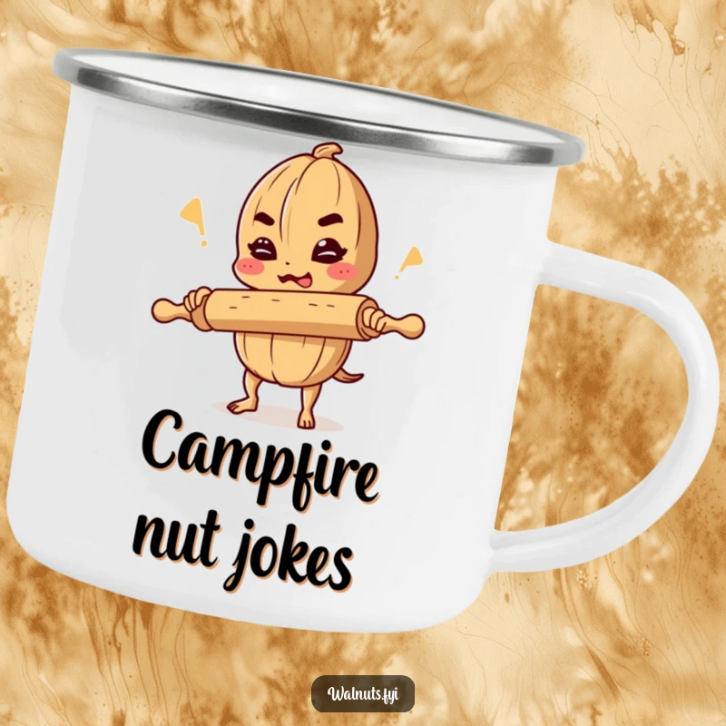 Funny camping mug showing a determined walnut comedian balancing a rolling pin and telling a joke, perfect for adventures.