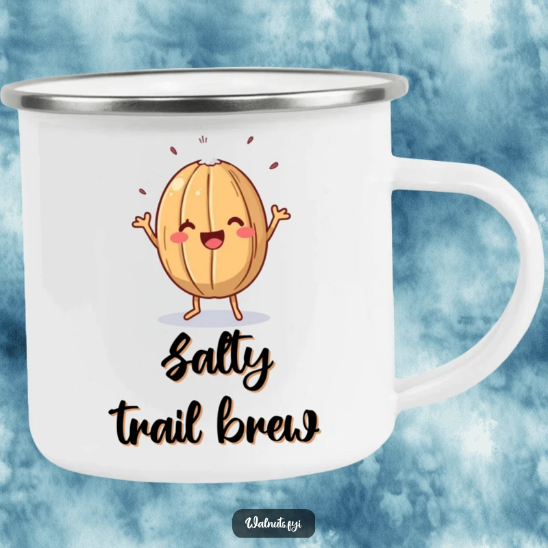 Funny camping mug featuring a happy walnut doing a jig, sprinkled with salt, ideal for outdoor nutty fun.