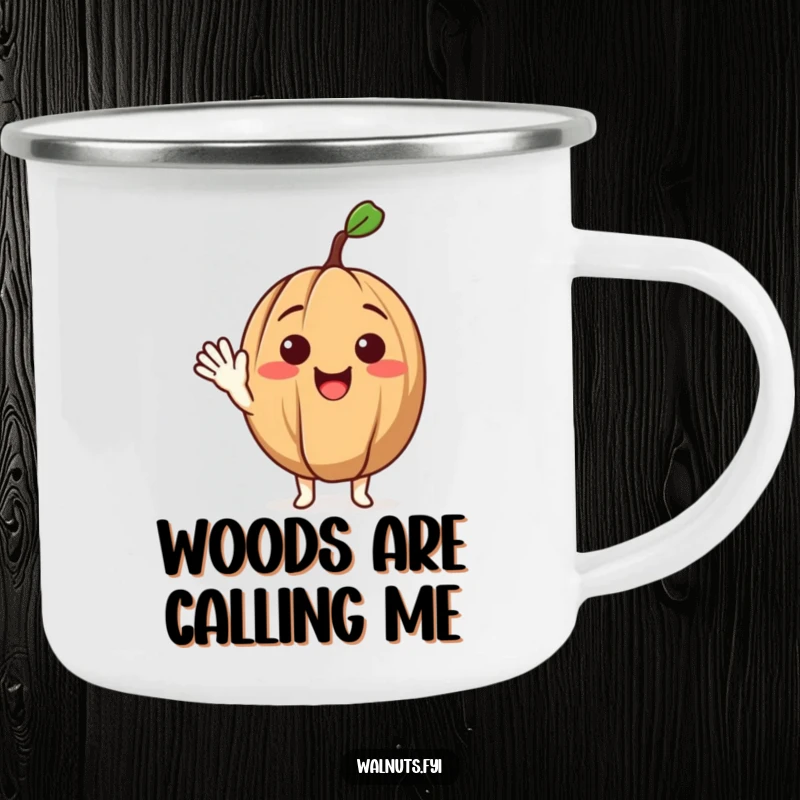 Funny camping mug featuring a delighted walnut character giving a friendly wave, built for outdoor adventures.
