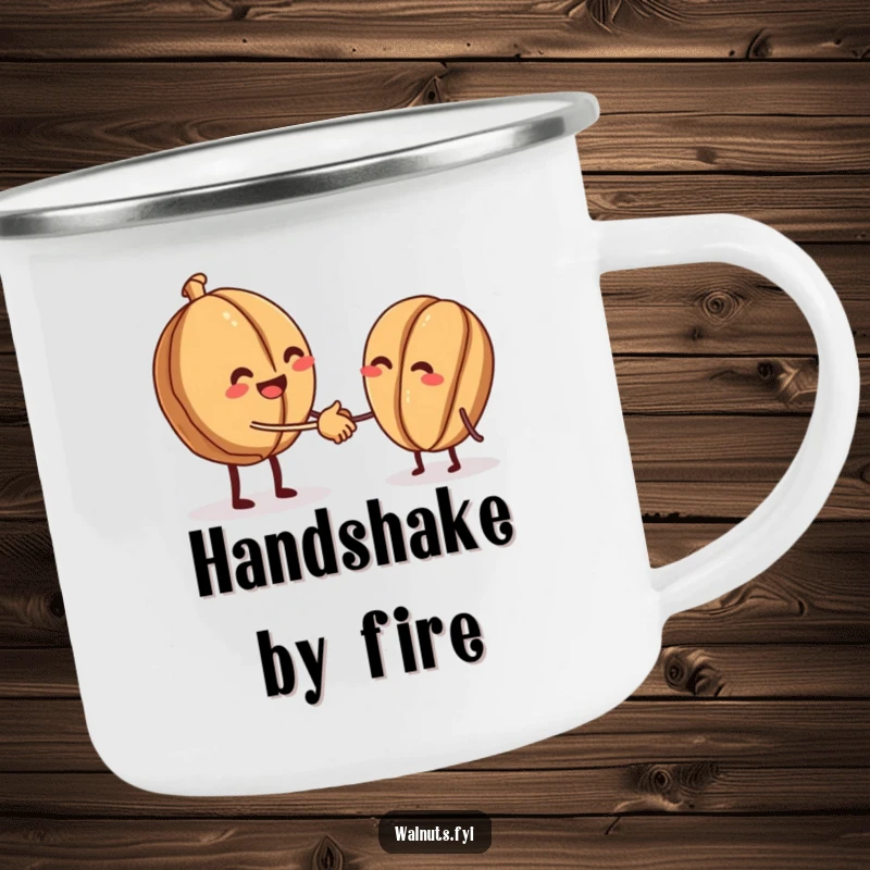 Funny camping mug with a beaming walnut offering a tiny handshake to another walnut, celebrating nutty friendship outdoors.