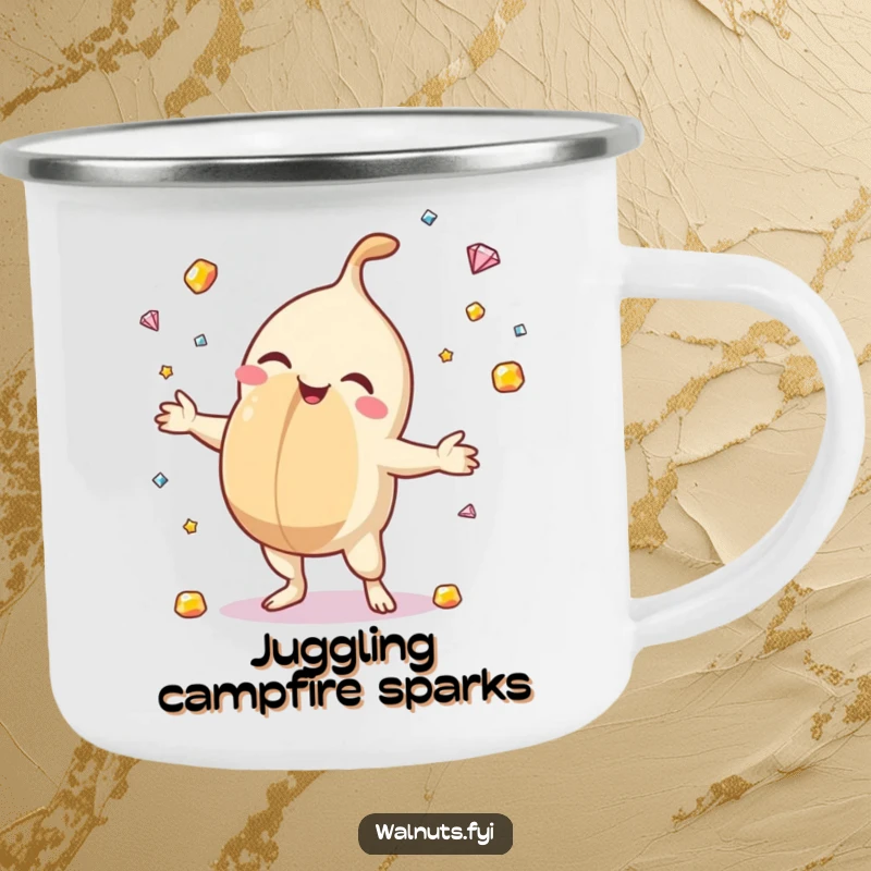 Funny camping mug featuring a macadamia nut juggling gemstones, perfect for enjoying beverages outdoors with sparkle and nutty humor.