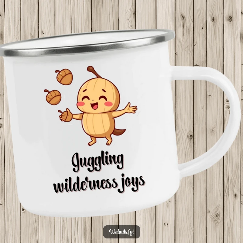 Sturdy funny juggling walnut camping mug showing a walnut juggling acorns with playful concentration, built for outdoor fun.