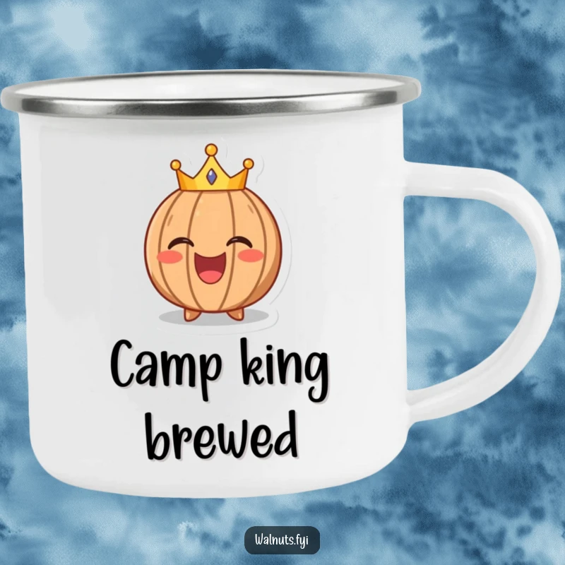 Funny camping mug with a laughing walnut character wearing a tiny crown, ideal for outdoor adventures and hot beverages.