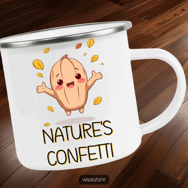 Sturdy funny autumn walnut camping mug showing a character catching falling leaves, built for outdoor enjoyment.