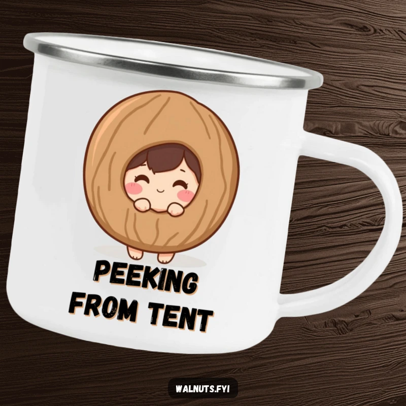 Funny camping mug with a shy, blushing walnut character peeking from behind a giant, stylized walnut shell.
