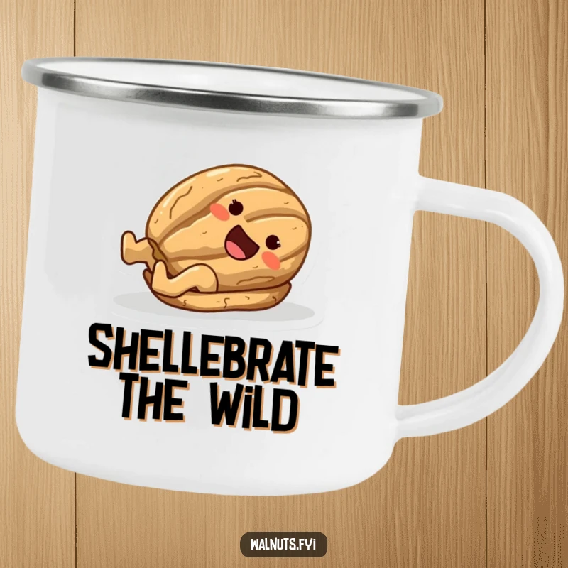 Funny camping mug showing a happy walnut character on a thrilling slide down a smooth surface.