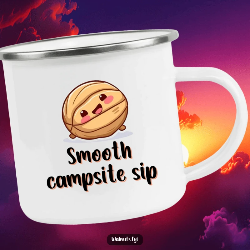Funny camping mug with a playful walnut joyfully sliding down a smooth surface, bringing nutty fun to the outdoors.