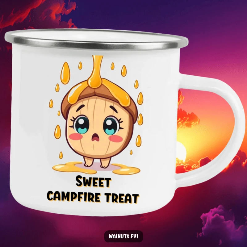 Funny tan pecan character with wide eyes is showered by sweet syrup on this rugged camping mug.