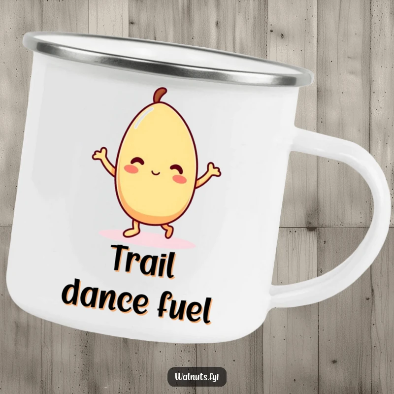 Funny Kawaii almond camping mug featuring a delighted dancing character, ready for outdoor fun and energizing sips.