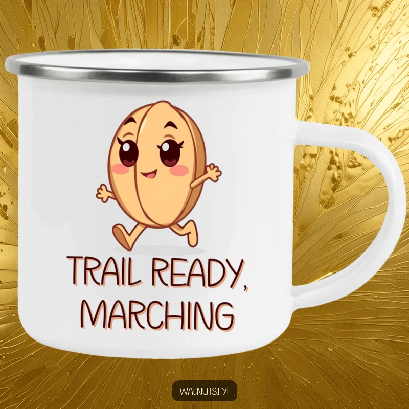 Funny determined walnut camping mug showing a marching walnut with enthusiastic eyes, humorous outdoor gear.