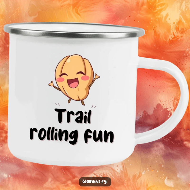 Sturdy funny kawaii walnut camping mug showing a laughing walnut rolling downhill, built for outdoor fun.
