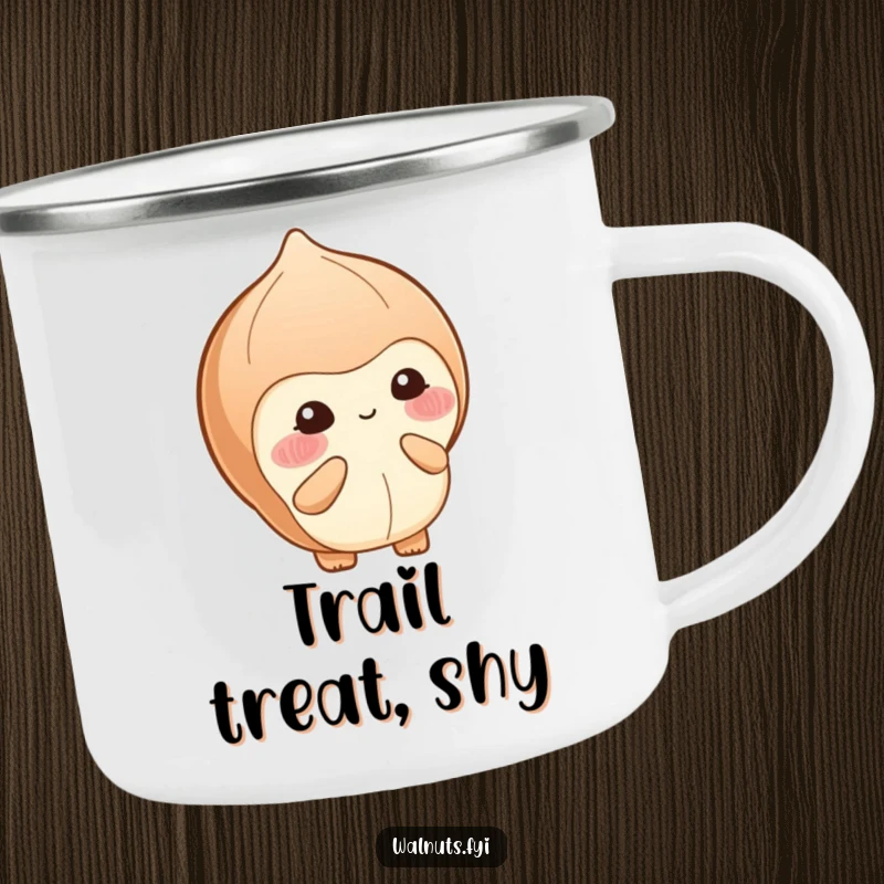 Funny camping mug featuring a blushing hazelnut shyly offering a small berry with a bashful smile, perfect for outdoors.
