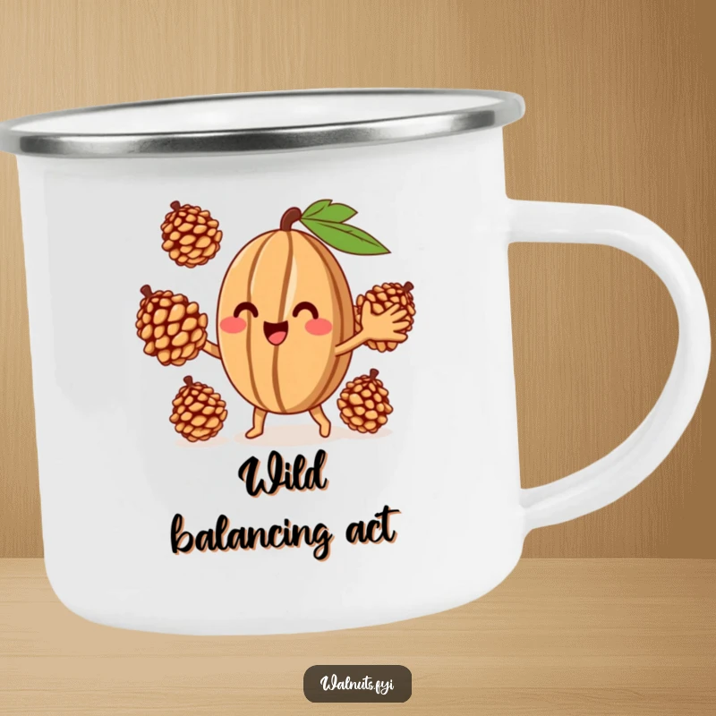 Funny Juggling Walnut Camping Mug, a smiling character juggling pinecones, perfect for outdoor drinks and cheerful moments.