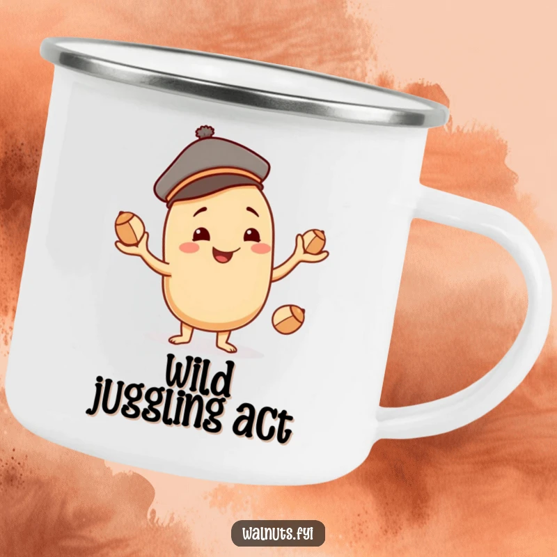 Funny beige cashew character with a jaunty cap, smiling and juggling nuts inside a camping mug, ready for adventure.
