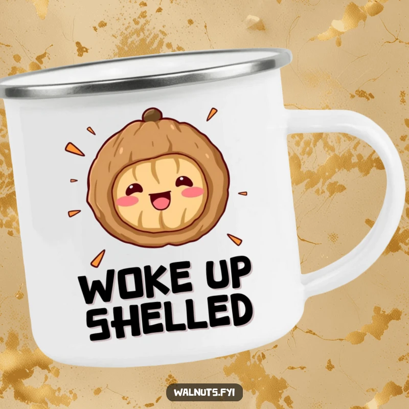 Funny Kawaii Walnut Surprise Camping Mug: A rugged cartoon walnut cracks open with a surprised expression, ready for outdoor escapades and laughs.