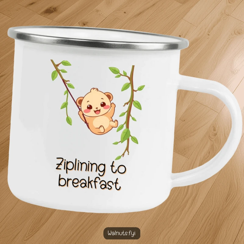 A wobbly beige hazelnut character with a happy grin slides down a vine zipline on this camping mug.