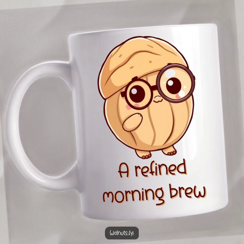 Funny Posh Walnut Mug: A sophisticated kawaii walnut shell wearing a monocle, exuding posh and nutty charm.