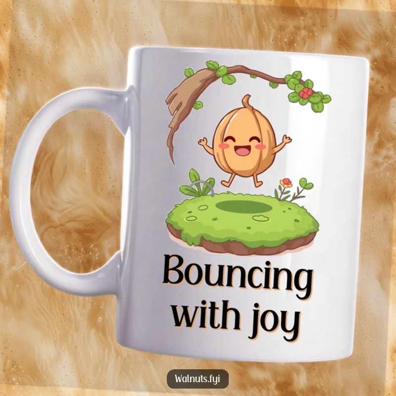 Funny giggling walnut character bouncing happily on a mossy patch, featured on a cheerful and humorous mug.
