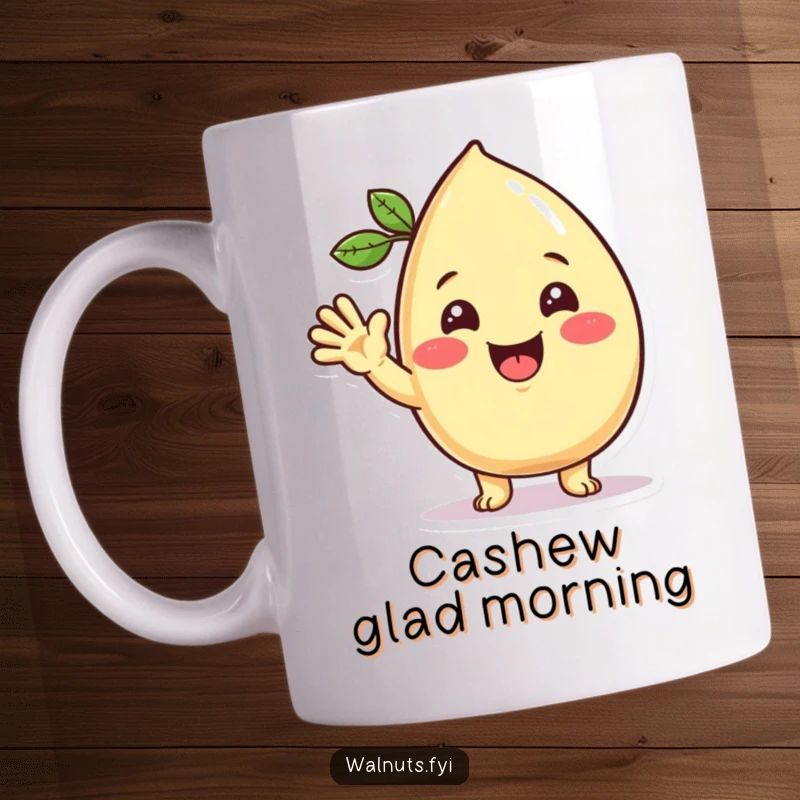 Funny Kawaii cashew mug featuring a beaming character extending a friendly, enthusiastic wave, radiating positivity and warmth.