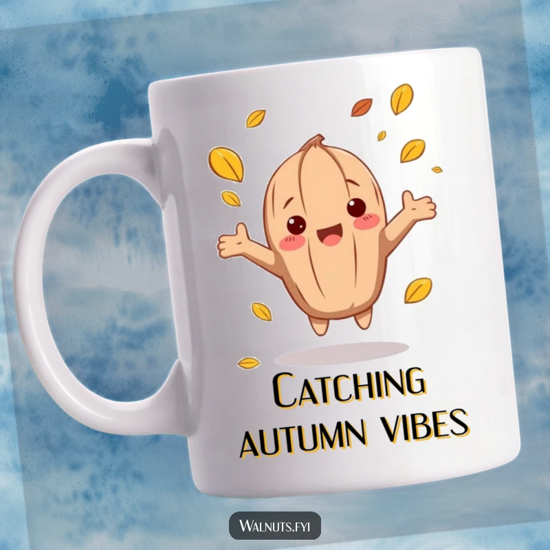 Funny autumn walnut mug with a character catching falling leaves with arms outstretched, celebrating the season.