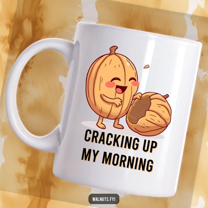 Funny mug with a giggling, anthropomorphic walnut character using tiny arms to enthusiastically crack open another walnut.