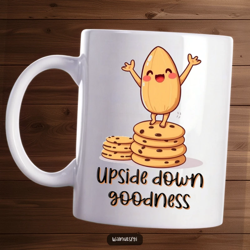 Funny mug showing an amused almond doing a handstand on a stack of cookies, celebrating balance and treats.