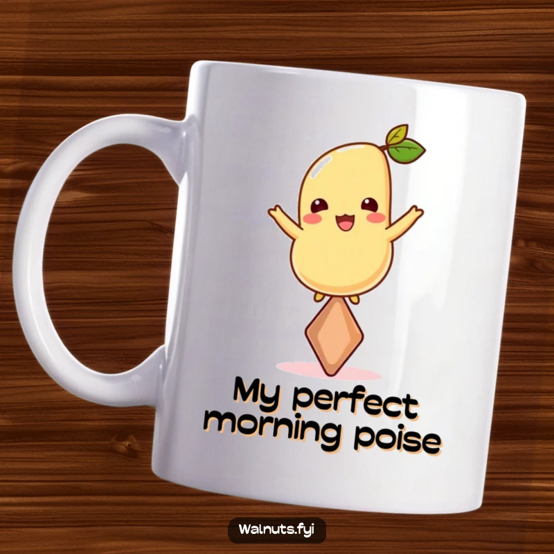 Funny mug featuring a cheerful cashew expertly balancing on its pointed tip, showcasing impressive poise and nutty determination.