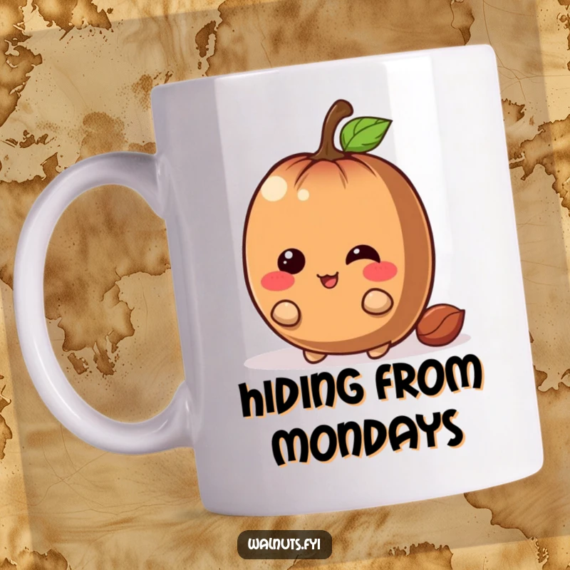 Funny chestnut mug with a giggling brown character peeking with a mischievous grin from behind a larger nut, playful and humorous.