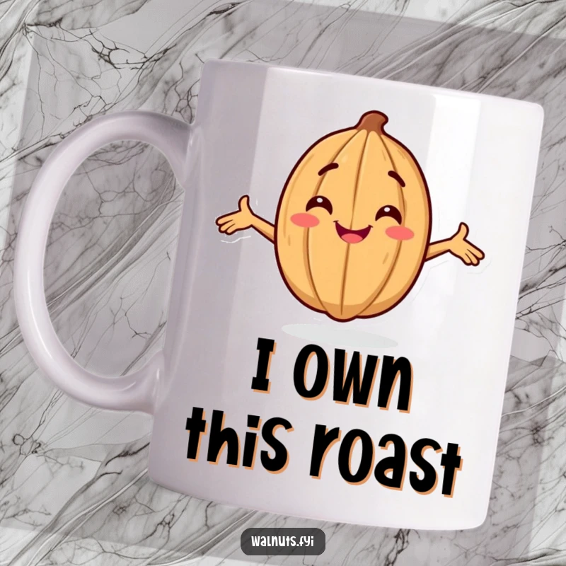 Funny mug with a smiling walnut character confidently striking a pose with arms outstretched, radiating self-assurance.